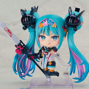 Hatsune Miku GT Project Nendoroid Racing Miku: 2026 Ver. figure in a playful full body pose, showing the face plate with a tongue sticking out and holding the speaker rod.