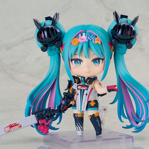 A close-up portrait shot of the Nendoroid Racing Miku: 2026 Ver. figure, showing the smiling face plate, detailed twin-tail hair, and racing headpiece.