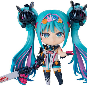 A full body view of the Hatsune Miku GT Project Nendoroid Racing Miku: 2026 Ver. figure, smiling, holding her speaker rod accessory next to the included Nendoroid car.