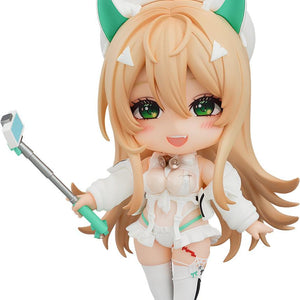Front view of Nendoroid Rupee (Winter Shopper) from Goddess of Victory: Nikke, featuring her smiling face and selfie stick accessory.