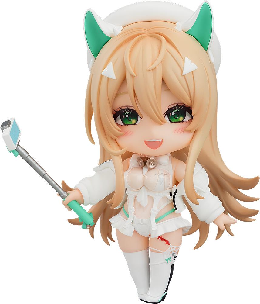 Front view of Nendoroid Rupee (Winter Shopper) from Goddess of Victory: Nikke, featuring her smiling face and selfie stick accessory.
