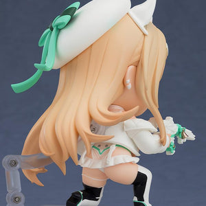 Rear view of the Rupee Nendoroid showing her long blonde hair, white hat with a green bow, and interchangeable lower body part.