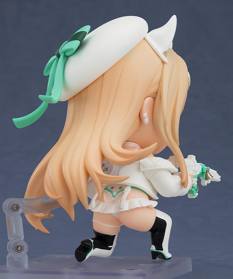 Rear view of the Rupee Nendoroid showing her long blonde hair, white hat with a green bow, and interchangeable lower body part.
