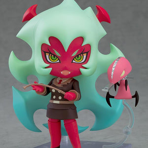 Full body front view of the Scanty New Ver. Nendoroid collectible action figure on a transparent display stand with her pink pet companion Zipper.