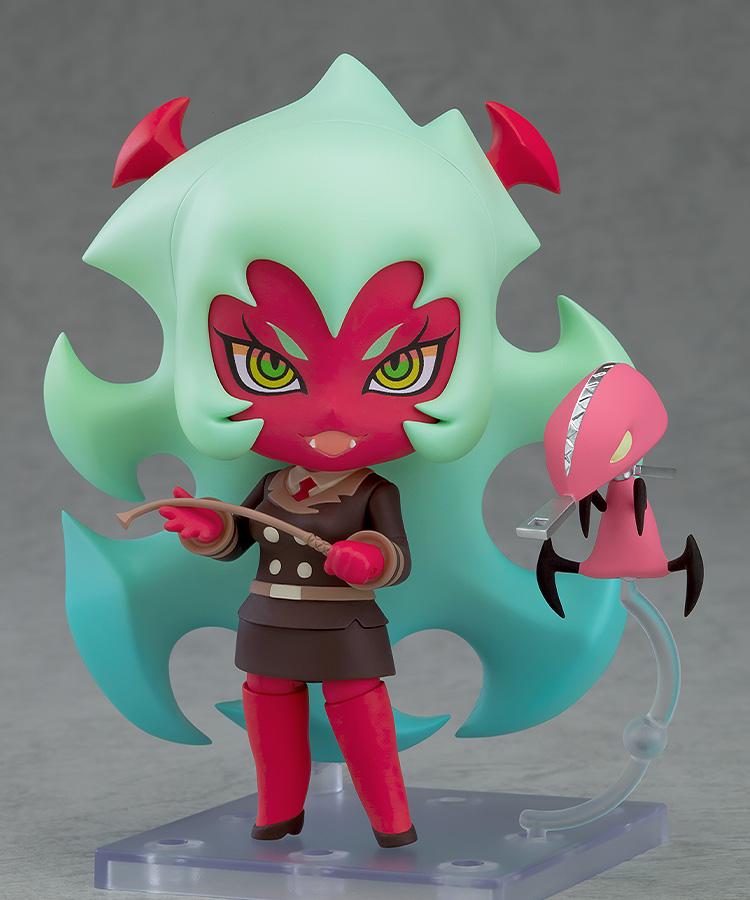 Full body front view of the Scanty New Ver. Nendoroid collectible action figure on a transparent display stand with her pink pet companion Zipper.