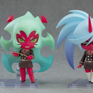 Scanty New Ver. Nendoroid figure displayed side-by-side on clear bases with the matching blue-haired Nendoroid Kneesocks anime figure.