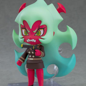 Dynamic angled view of the Scanty Nendoroid action figure with an intense expression holding a single black and gold pistol gun accessory.