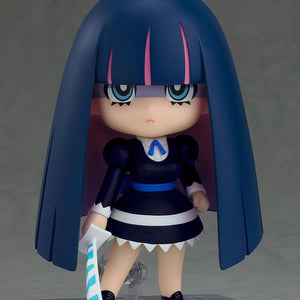 Full body view of the Stocking New Ver. Nendoroid collectible action figure on a clear display stand holding her signature Stripe sword.