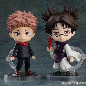 Choso Nendoroid figure displayed side-by-side on custom clear bases with a smiling Yuji Itadori high school uniform Nendoroid figure.