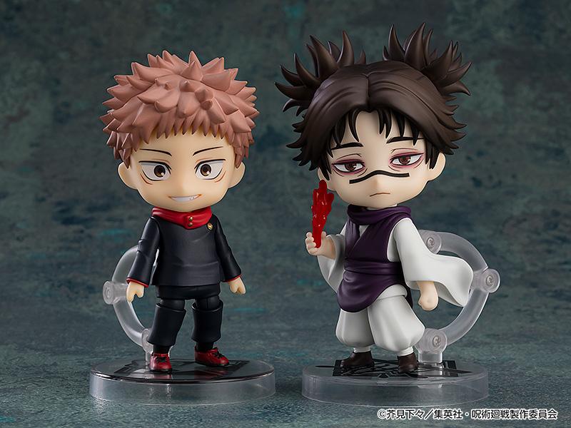 Choso Nendoroid figure displayed side-by-side on custom clear bases with a smiling Yuji Itadori high school uniform Nendoroid figure.