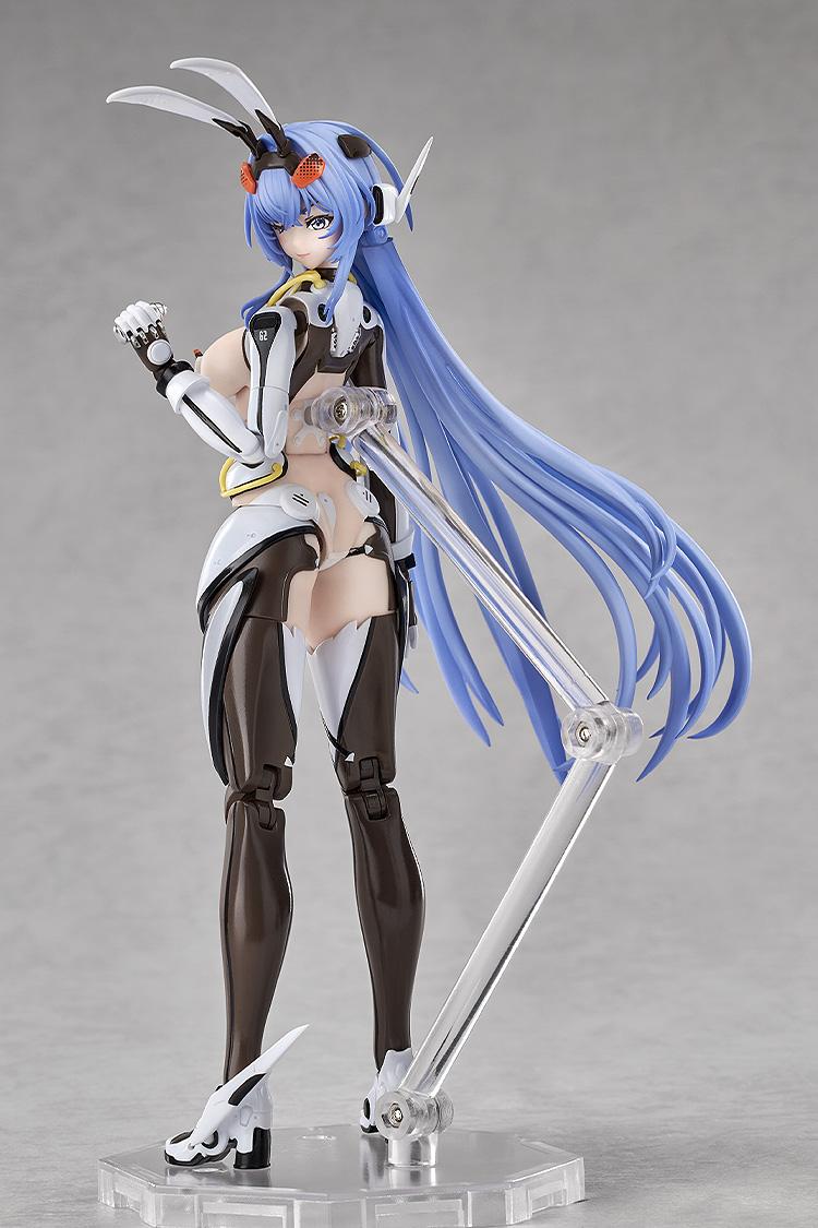 Rear view of the Azur Lane New Jersey action figure highlighting the detailed back of her sci-fi bodysuit, long hair sculpt, and clear articulated display stand.