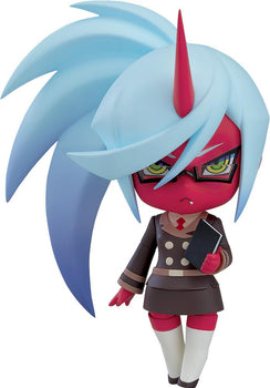 Nendoroid Kneesocks anime figure from New Panty & Stocking with Garterbelt featuring red skin, a single horn, black glasses, and a brown uniform while holding a notebook.