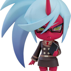Nendoroid Kneesocks anime figure from New Panty & Stocking with Garterbelt featuring red skin, a single horn, black glasses, and a brown uniform while holding a notebook.