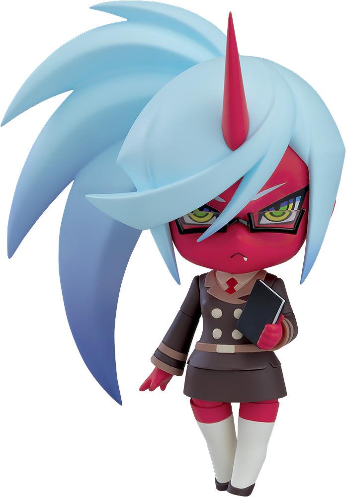 Nendoroid Kneesocks anime figure from New Panty & Stocking with Garterbelt featuring red skin, a single horn, black glasses, and a brown uniform while holding a notebook.