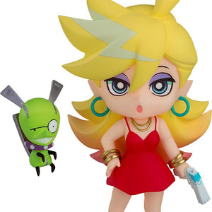 Nendoroid Panty New Ver. anime figure from New Panty & Stocking with Garterbelt wearing a red dress and holding a gun weapon accessory next to Chuck.