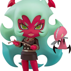 Nendoroid Scanty New Ver. anime figure from New Panty & Stocking with Garterbelt featuring red skin, spiked green hair, and a brown uniform holding a whip next to Zipper.