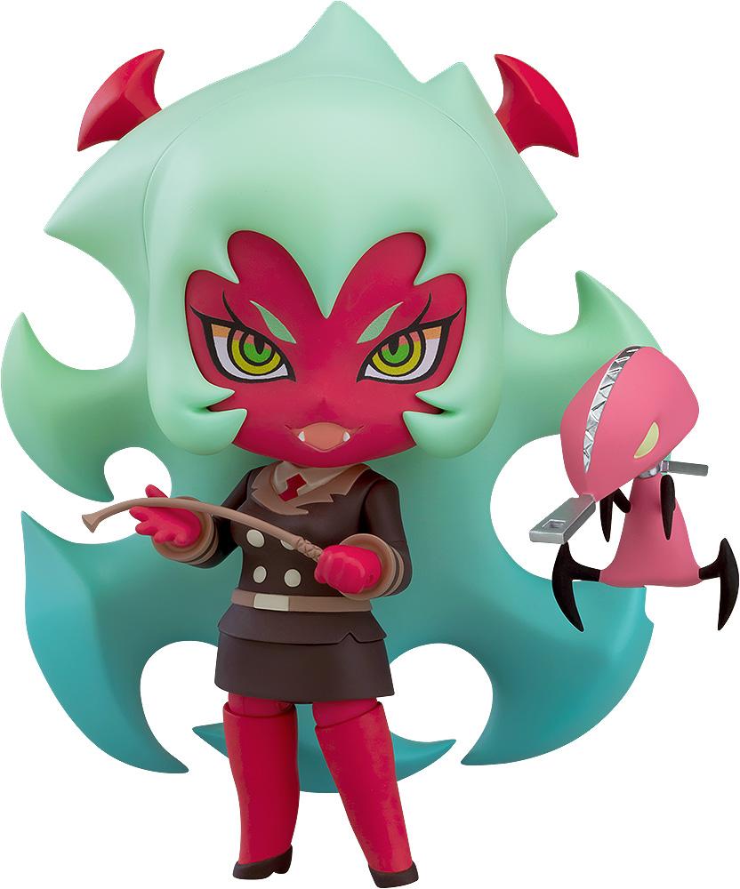 Nendoroid Scanty New Ver. anime figure from New Panty & Stocking with Garterbelt featuring red skin, spiked green hair, and a brown uniform holding a whip next to Zipper.