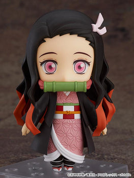 Full-body view of the Nezuko Kamado Nendoroid figure on a transparent display stand.