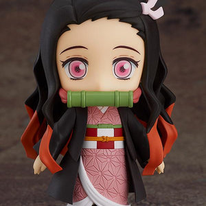 Full-body view of the Nezuko Kamado Nendoroid figure on a transparent display stand.