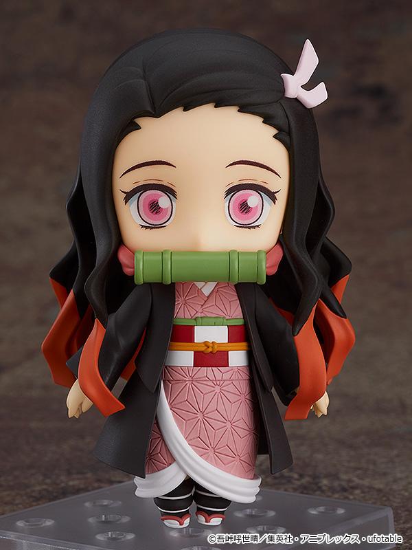 Full-body view of the Nezuko Kamado Nendoroid figure on a transparent display stand.