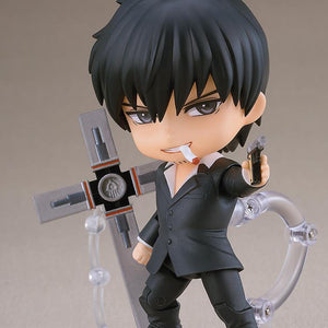 Full standing view of the Nicholas D. Wolfwood Nendoroid figure on a display stand aiming a handgun while holding the Punisher cross with a cigarette face plate.