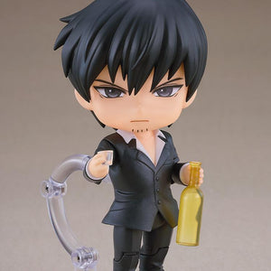 Nicholas D. Wolfwood Nendoroid figure featuring a standard serious face plate while holding an alcoholic drink glass and a yellow bottle.