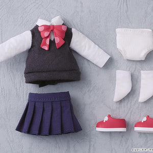 Flat lay view of the complete fabric box contents for the Nijika Ijichi Nendoroid Doll, including the uniform vest, shirt, pleated skirt, underwear, white socks, and red shoes.
