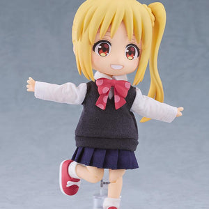 Cheerful articulated Nijika Ijichi Nendoroid Doll anime figure balancing on one foot with arms spread wide in a welcoming pose.