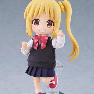 Cheerful Nijika Ijichi Nendoroid Doll action figure standing on a clear magnetic display base while holding up a peace sign in a grey studio setting.
