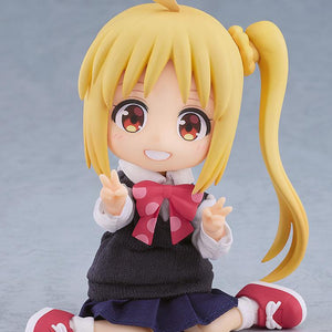 Adorable sitting pose of the highly articulated Nijika Ijichi Nendoroid Doll figure making double peace signs while resting on the floor.