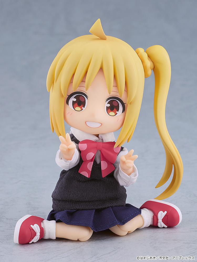 Adorable sitting pose of the highly articulated Nijika Ijichi Nendoroid Doll figure making double peace signs while resting on the floor.
