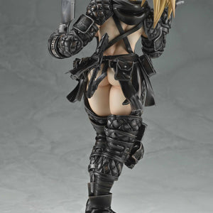 Direct back view of the Nikaido 1/7 scale statue showing the open-back armor design, detailed hair sculpt, and tactical pouches.