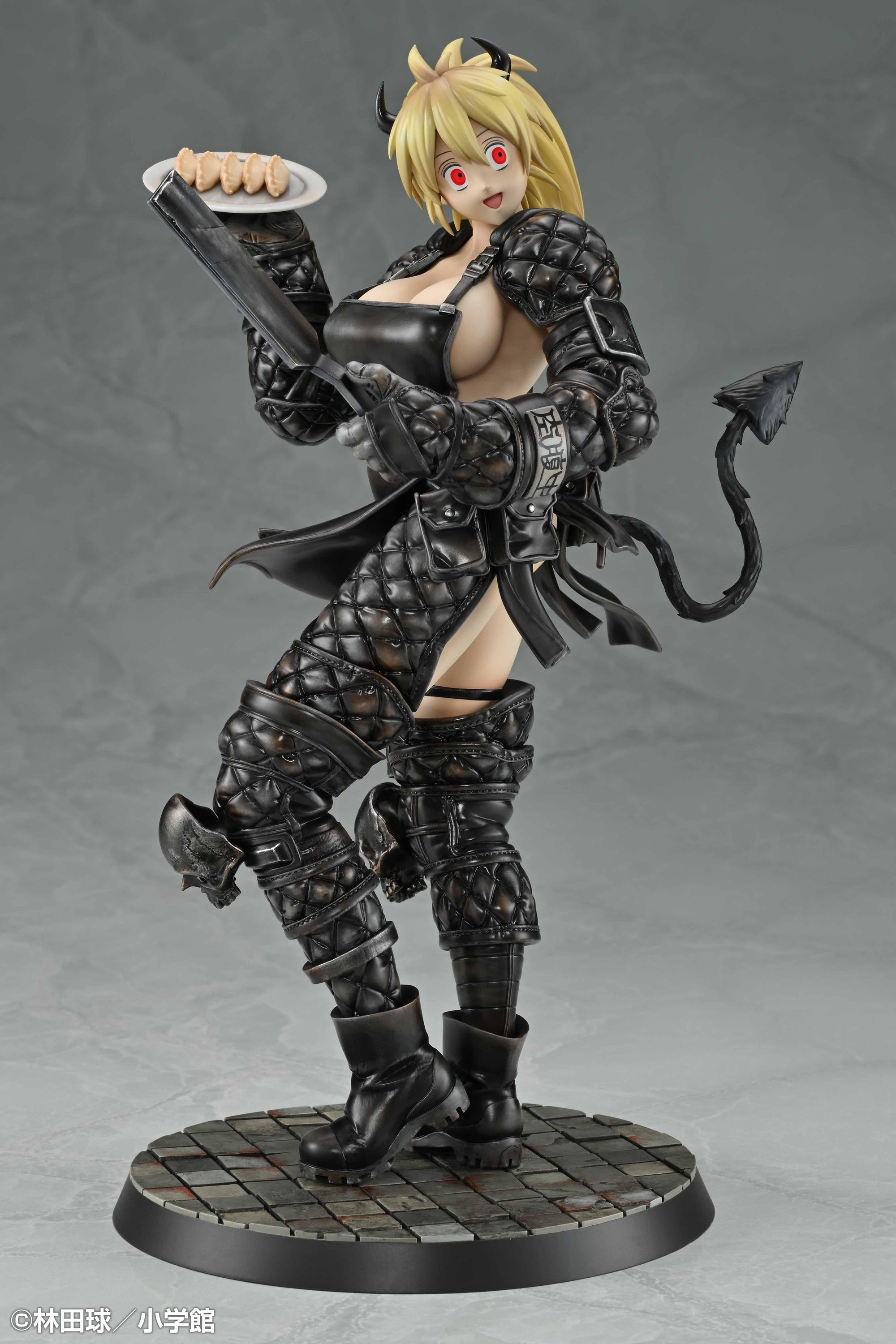 Side view of the Nikaido figure by Medicos, showcasing her detailed quilted black armor, blonde ponytail, and emerging devil tail.