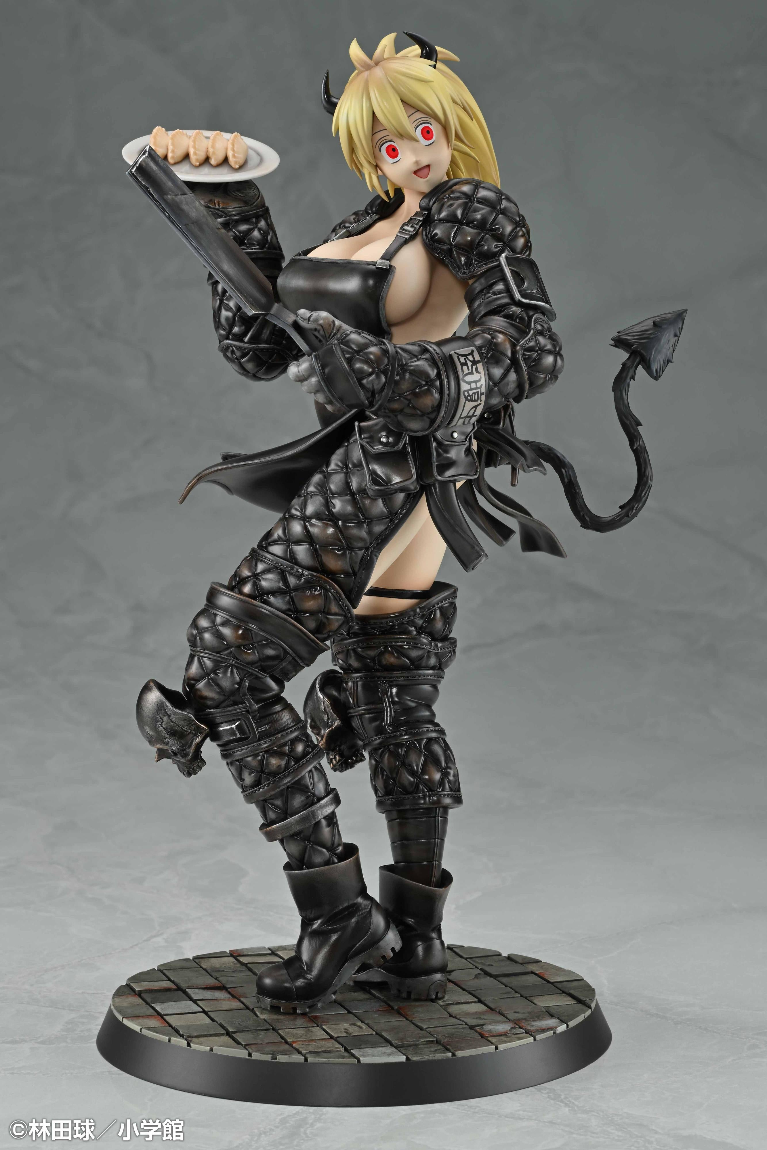 Side view of the Nikaido figure by Medicos, showcasing her detailed quilted black armor, blonde ponytail, and emerging devil tail.