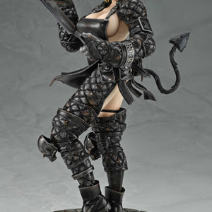 Side view of the Nikaido figure by Medicos, showcasing her detailed quilted black armor, blonde ponytail, and emerging devil tail.