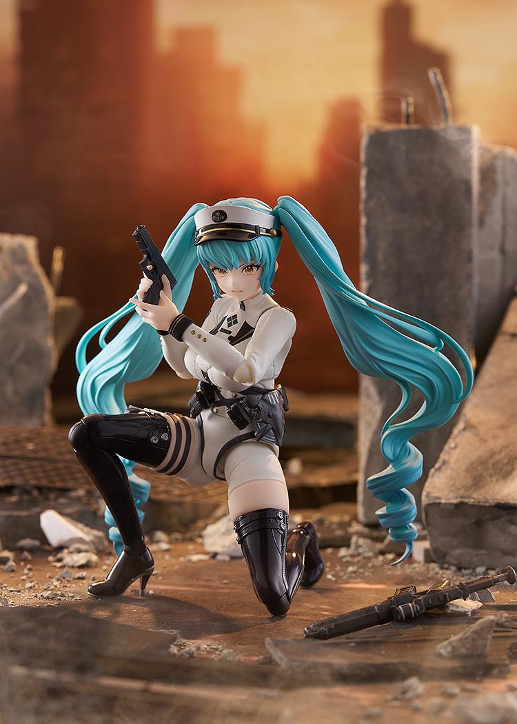 Privaty figma in a tactical crouching pose using her handgun accessory against a sunset city background.