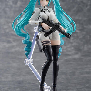 Studio shot of the Privaty figma on a clear articulated stand holding her assault rifle.