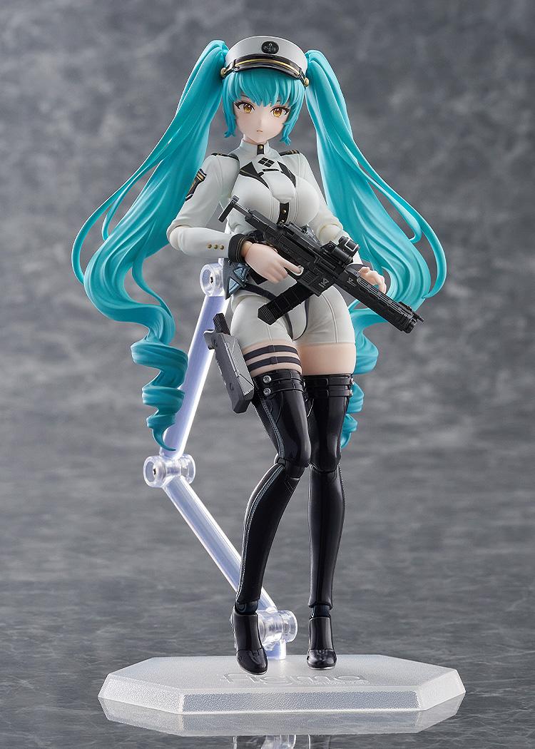 Studio shot of the Privaty figma on a clear articulated stand holding her assault rifle.