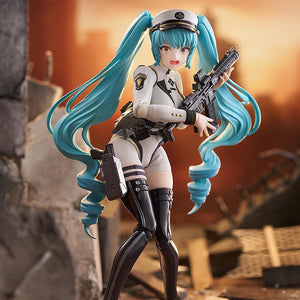 Close-up action shot of Privaty figma with a shouting face plate, aiming her assault rifle.