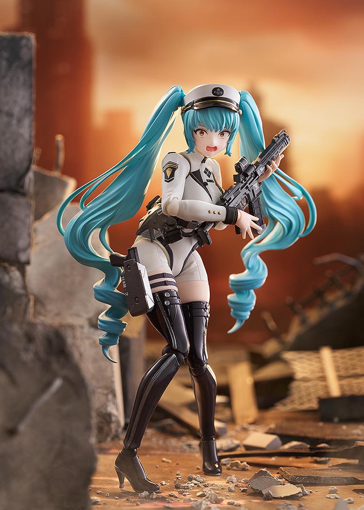 Close-up action shot of Privaty figma with a shouting face plate, aiming her assault rifle.