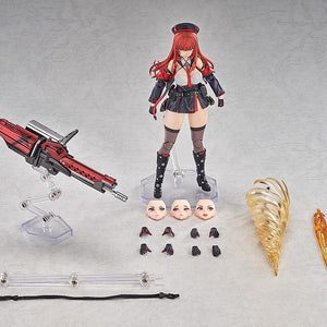 Complete set of accessories for Rapi: Red Hood figure including face plates, hands, and weapon effects.