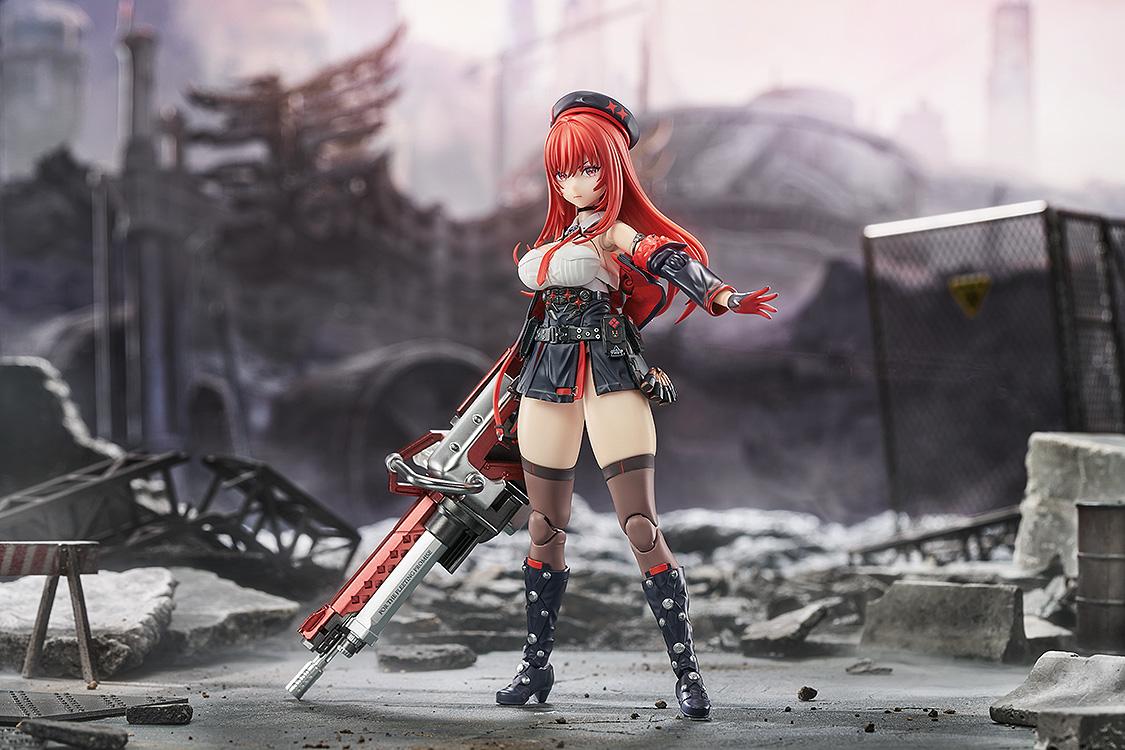 Dashing combat pose of Rapi: Red Hood figure holding her heavy red and silver rifle weapon.
