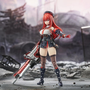 Dashing combat pose of Rapi: Red Hood figure holding her heavy red and silver rifle weapon.