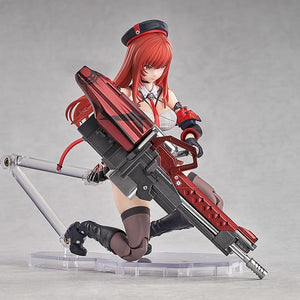 Kneeling combat pose of the Rapi: Red Hood action figure showing high articulation and weapon detail.