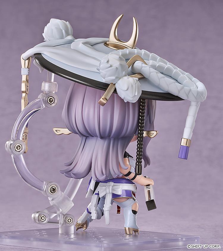 Back view of the Goddess of Victory: Nikke Scarlet Nendoroid figure highlighting her long lavender hair, detailed outfit tailoring, and clear articulated stand.