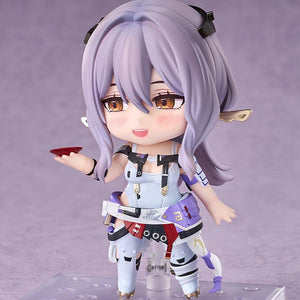 Scarlet Nendoroid figure from Goddess of Victory: Nikke shown without her hat, featuring a cute blushing face plate while holding a small red Sakazuki sake cup.
