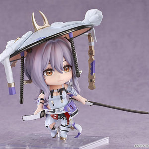 Action combat pose of the Nikke Scarlet Nendoroid action figure wielding her unsheathed Fleetly Fading katana sword.