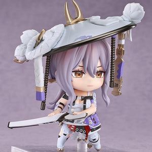 Dynamic action pose of the Scarlet Nendoroid from Goddess of Victory: Nikke, depicting the character drawing her Fleetly Fading sword from its sheath.