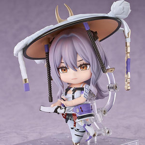 Side-angled view of the Nikke Scarlet Nendoroid action figure showcasing a serious face plate and her hand resting near her sheathed katana hilt.