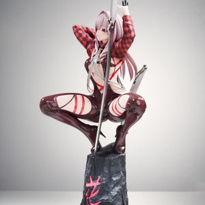 Angled front view of the Scarlet Racer's High scale figure highlighting her checkered crop jacket and dark red bodysuit.